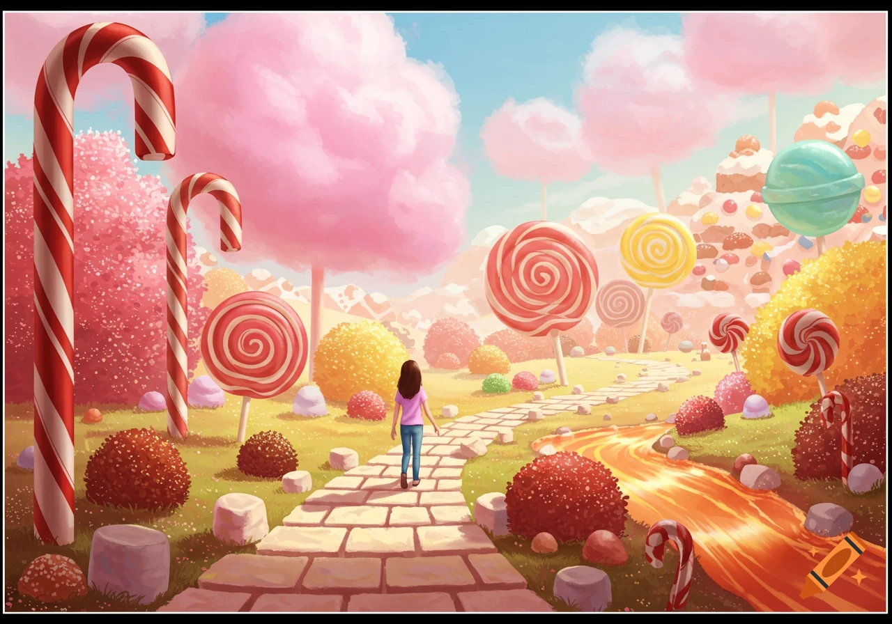 An illustration of a girl walking on a stone path through a vibrant candy land with giant lollipops, candy canes, and cotton candy trees.