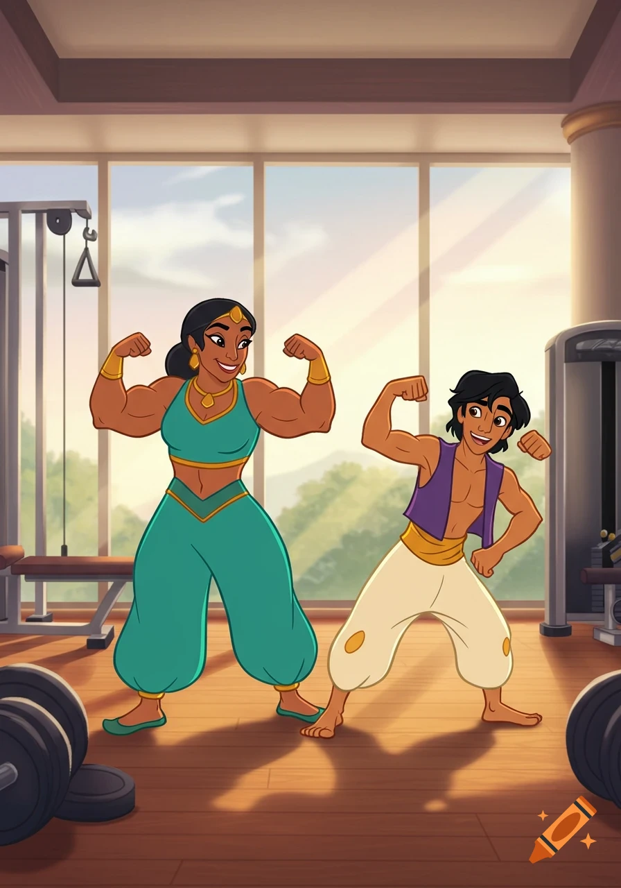 Cartoon Princess Jasmine with large muscles and Aladdin flex their biceps at a gym.