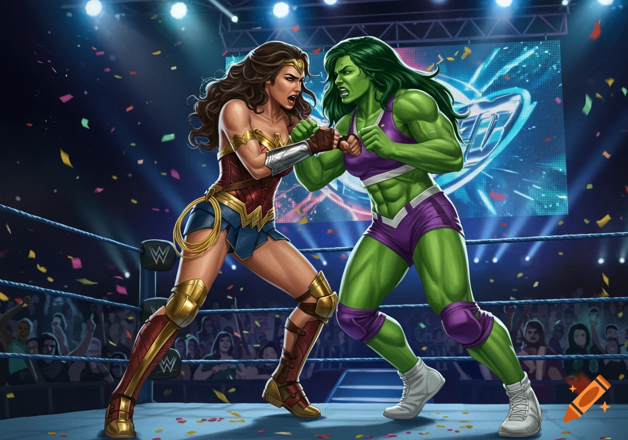 Wonder Woman and She-Hulk fiercely wrestle in a brightly lit ring, surrounded by a crowd and falling confetti, in a comic book art style.