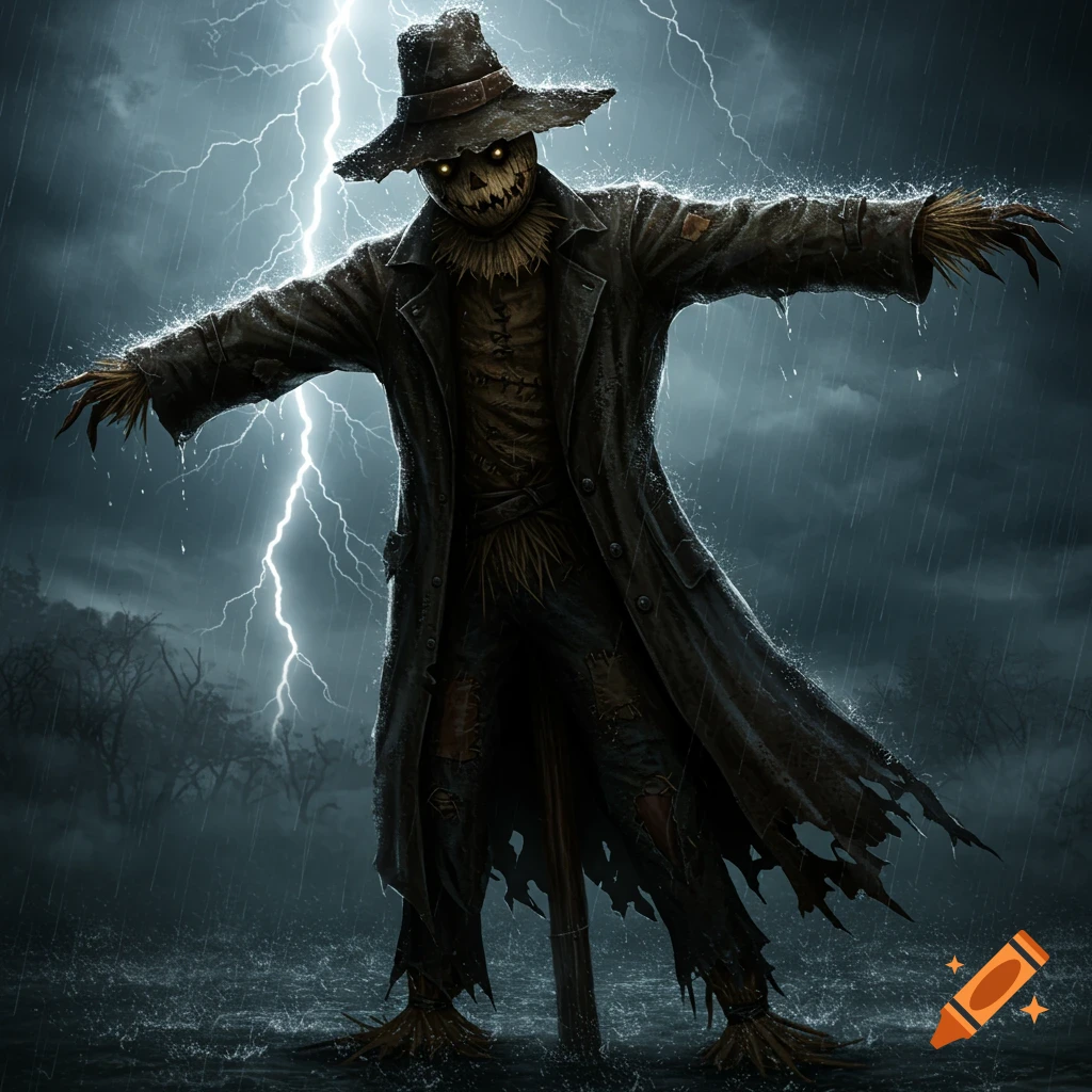 An emaciated scarecrow in a long ragged coat stands in heavy rain with lightning striking in the dark, stormy sky.