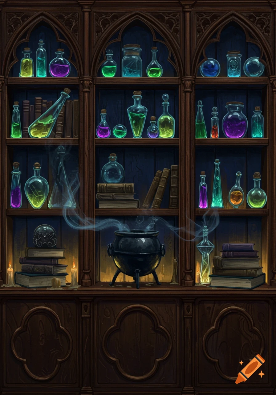 A dark wooden bookcase filled with colorful glowing potion bottles, old books, burning candles, and a steaming black cauldron on a shelf.