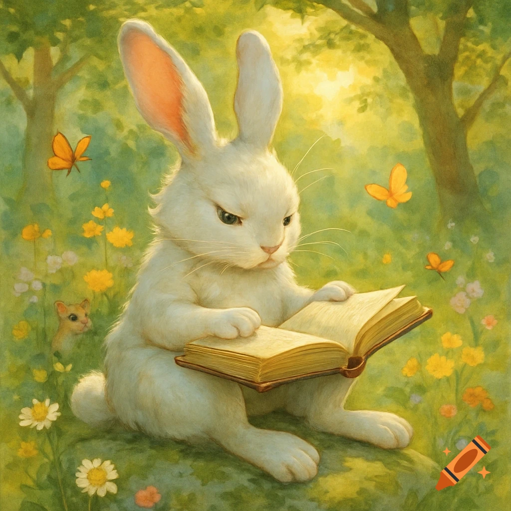 A white rabbit with a serious expression sits in a lush, green forest filled with yellow flowers and butterflies, reading an open book.