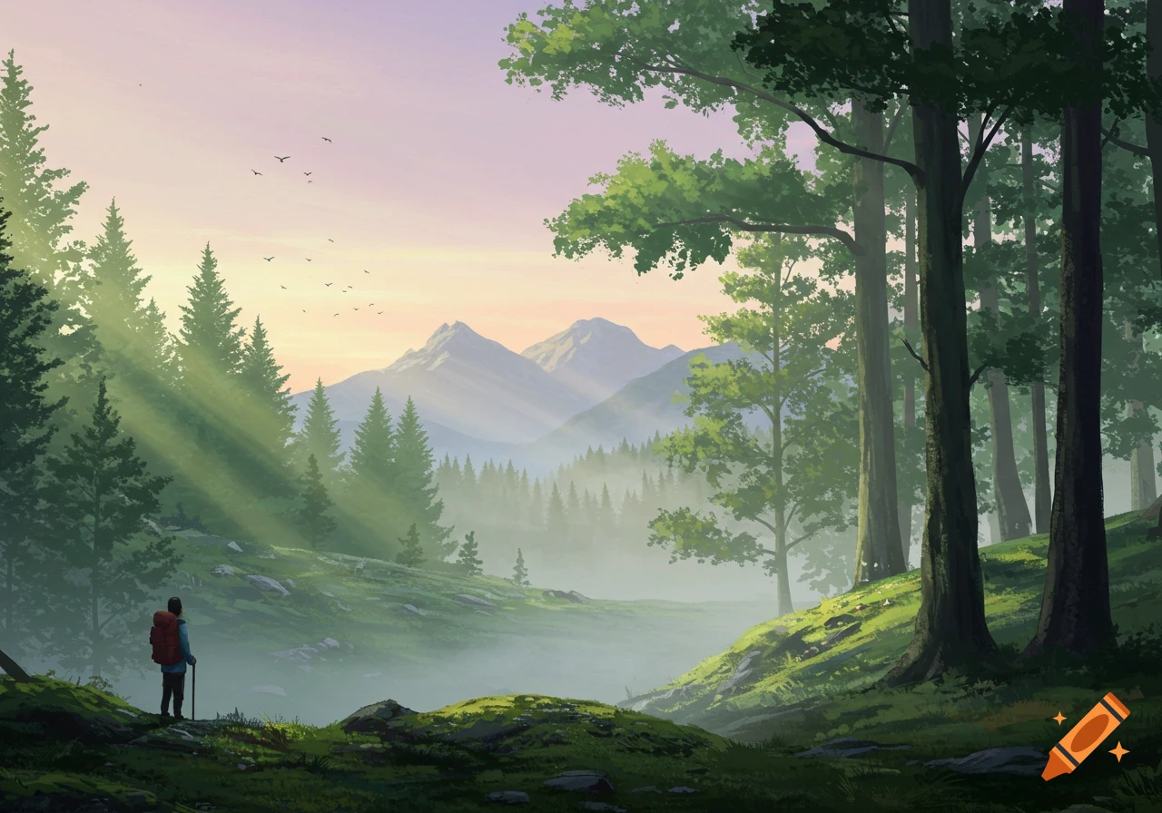 Digital art of a person with a red backpack hiking in a misty, sun-drenched forest with tall trees and distant mountains.