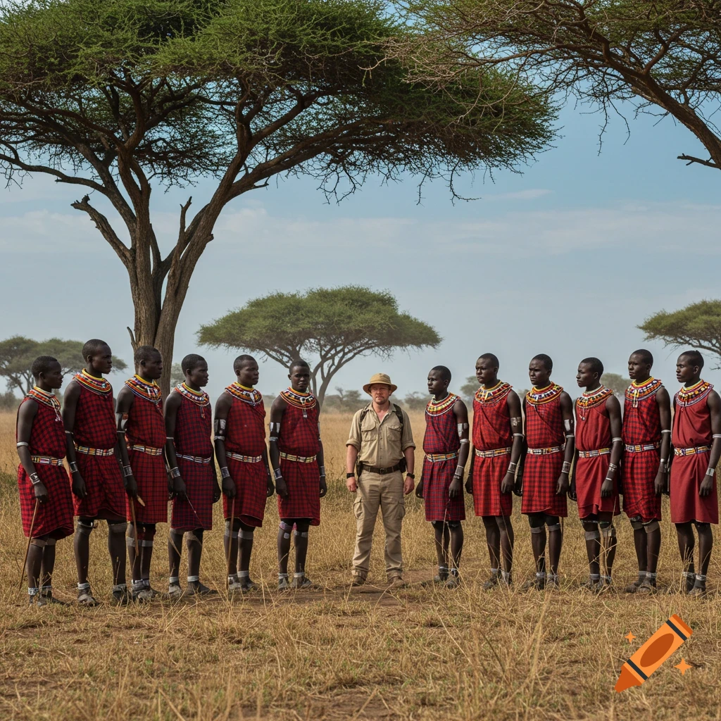 A white man in a safari hat stands among a line of men in traditional red and black robes and beaded jewelry in an African savanna.