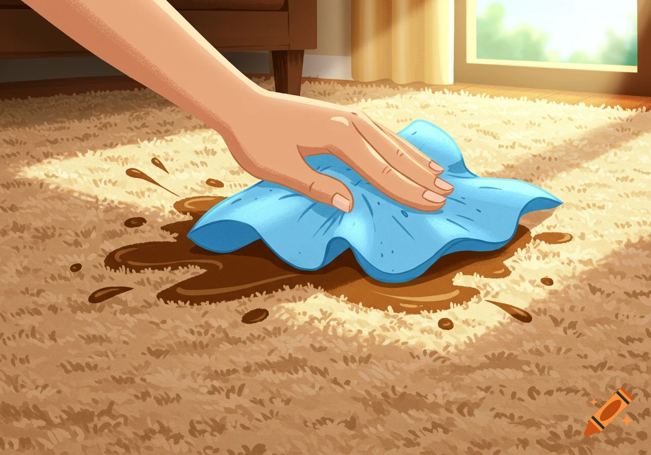 A cartoon hand wipes a brown spill from a beige carpet with a blue cloth.