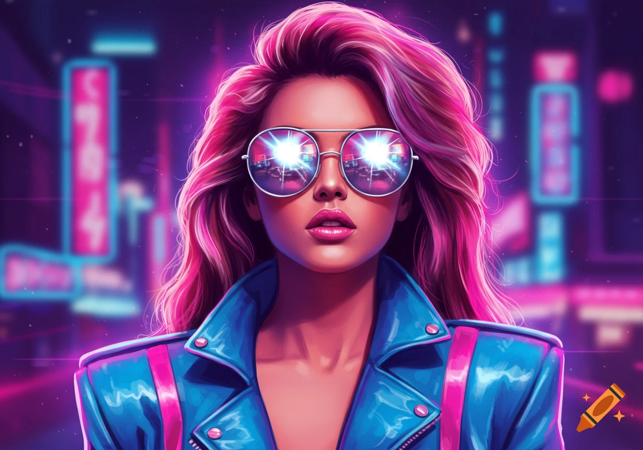 A stylized portrait of a woman with bright pink hair and sunglasses, wearing a blue retro jacket, against a neon-lit city background.