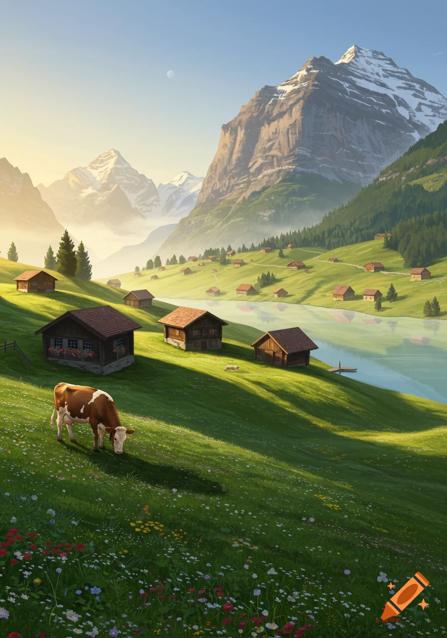 Sunny alpine landscape with a cow grazing in a wildflower meadow, traditional wooden houses, a lake, and majestic snow-capped mountains.