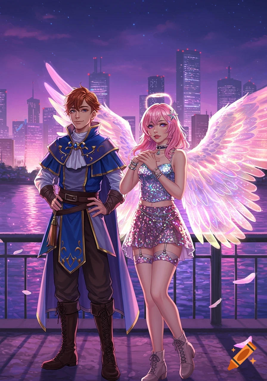 A young man in a blue fantasy cloak and a pink-haired woman with glowing angel wings stand by a railing overlooking a city skyline at sunset.