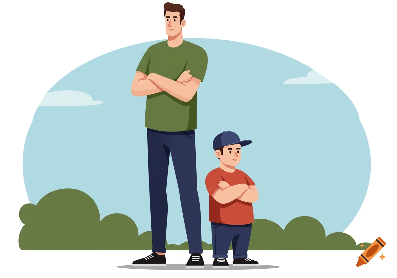 A tall man in a green shirt and a short man in a red shirt with a baseball cap stand with crossed arms in an outdoor illustration.