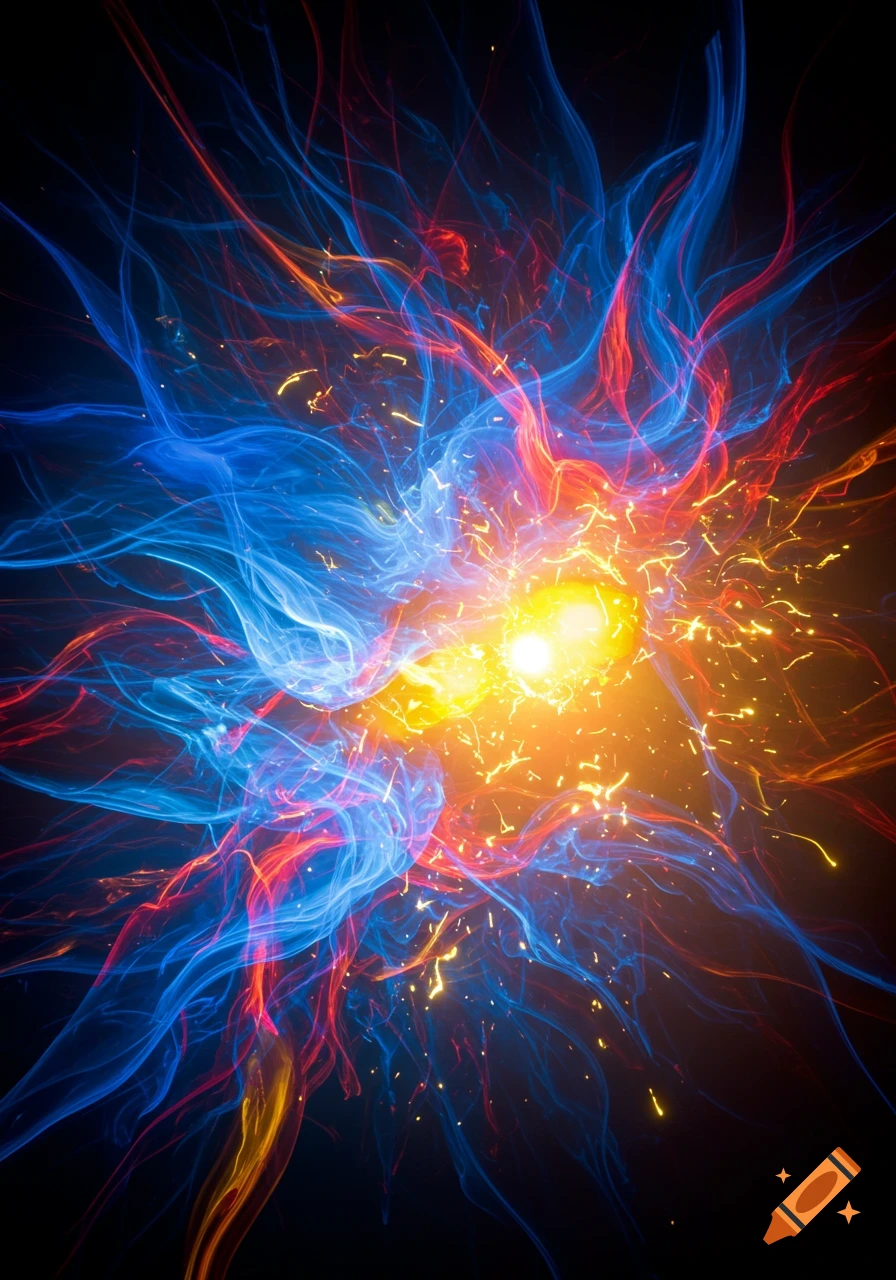 An abstract burst of blue and red energy radiating from a bright orange-yellow core with sparkling particles on a black background.