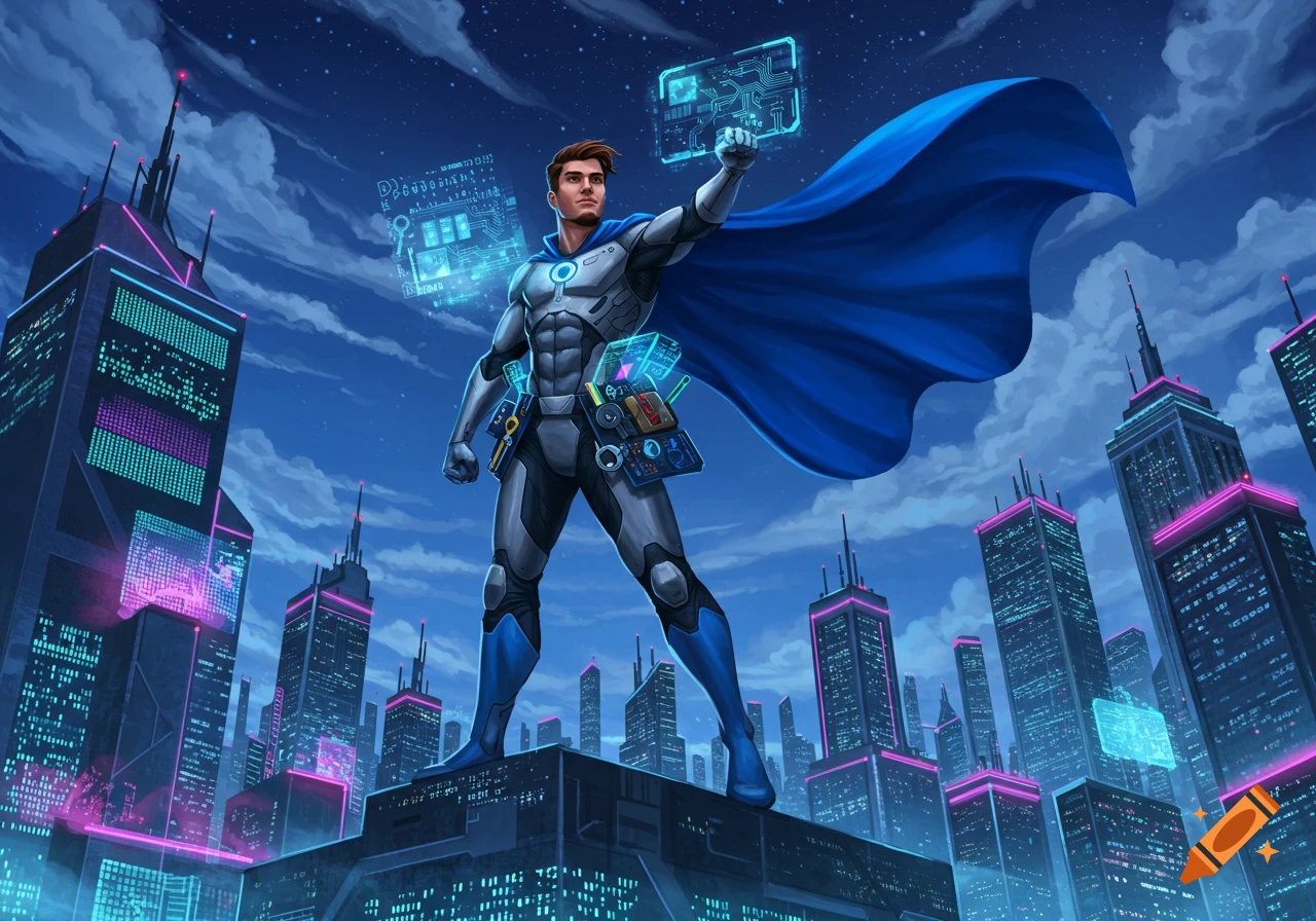 A superhero with a blue cape and toolbelt stands atop a futuristic skyscraper, raising a fist toward holographic circuit diagrams in a vibrant city at night.