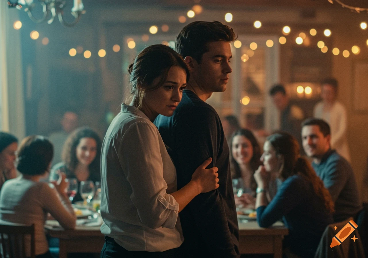 A somber woman embraces a man from behind in a dimly lit restaurant with blurred guests and string lights.