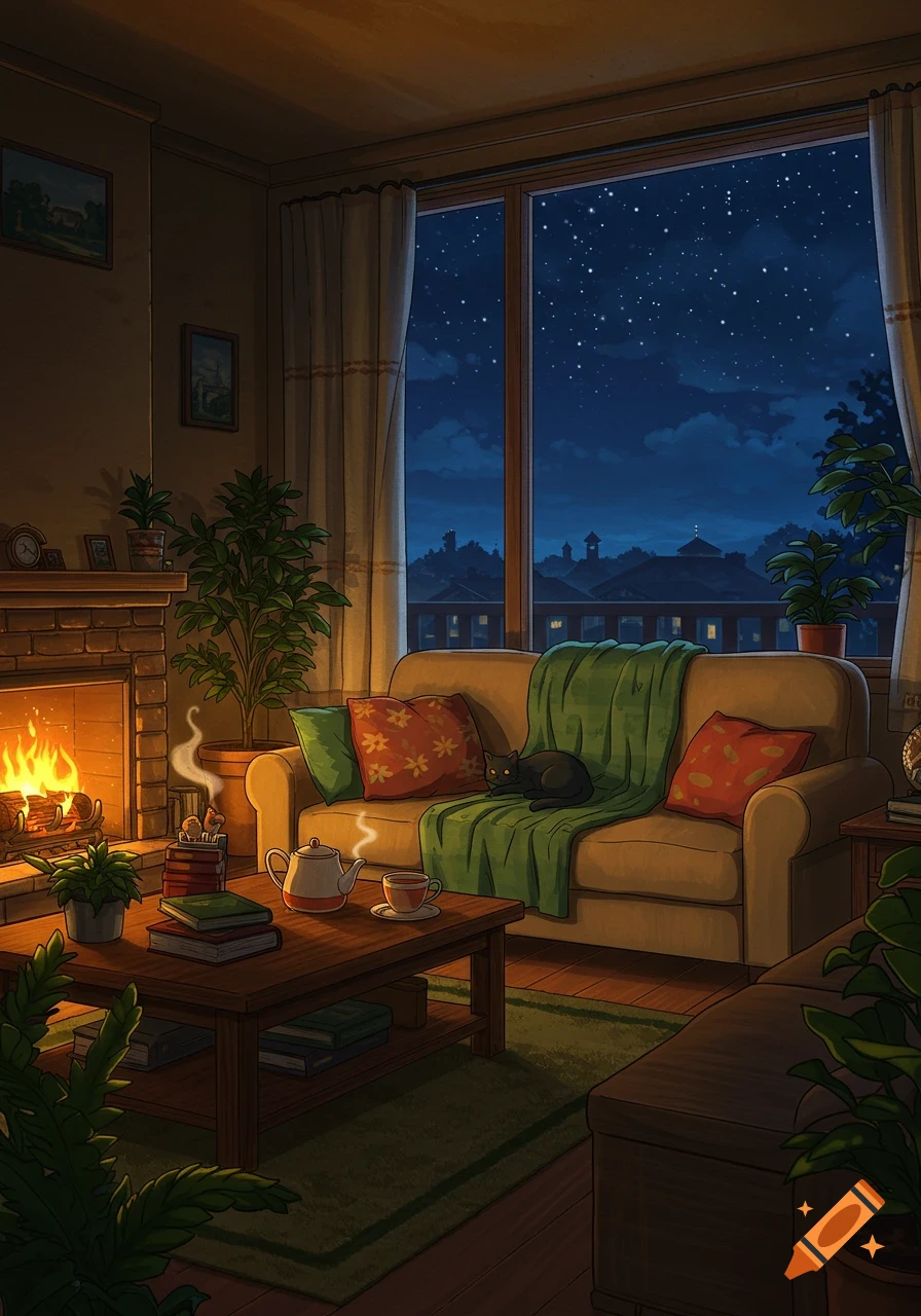 A cozy anime-style living room at night with a fireplace, a black cat on a couch, plants, and a starry sky visible through the window.