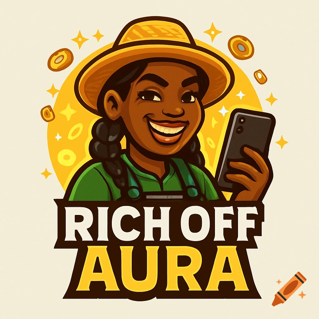 Cartoon logo of a smiling dark-skinned female farmer in a straw hat and green overalls, holding a smartphone, with gold coins and sparkles, and text 'RICH OFF AURA'.