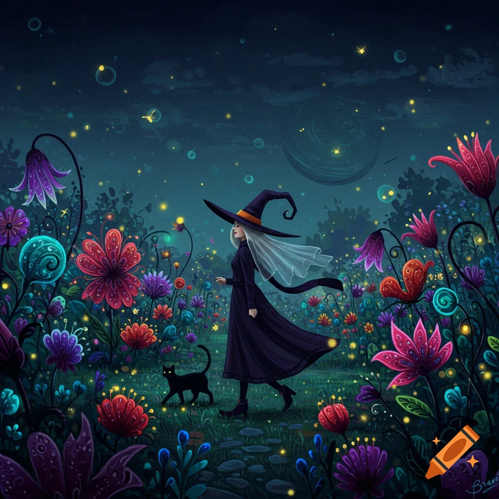 An illustrated witch in a pointed hat walks with her black cat through a vibrant, glowing fantasy garden at night.