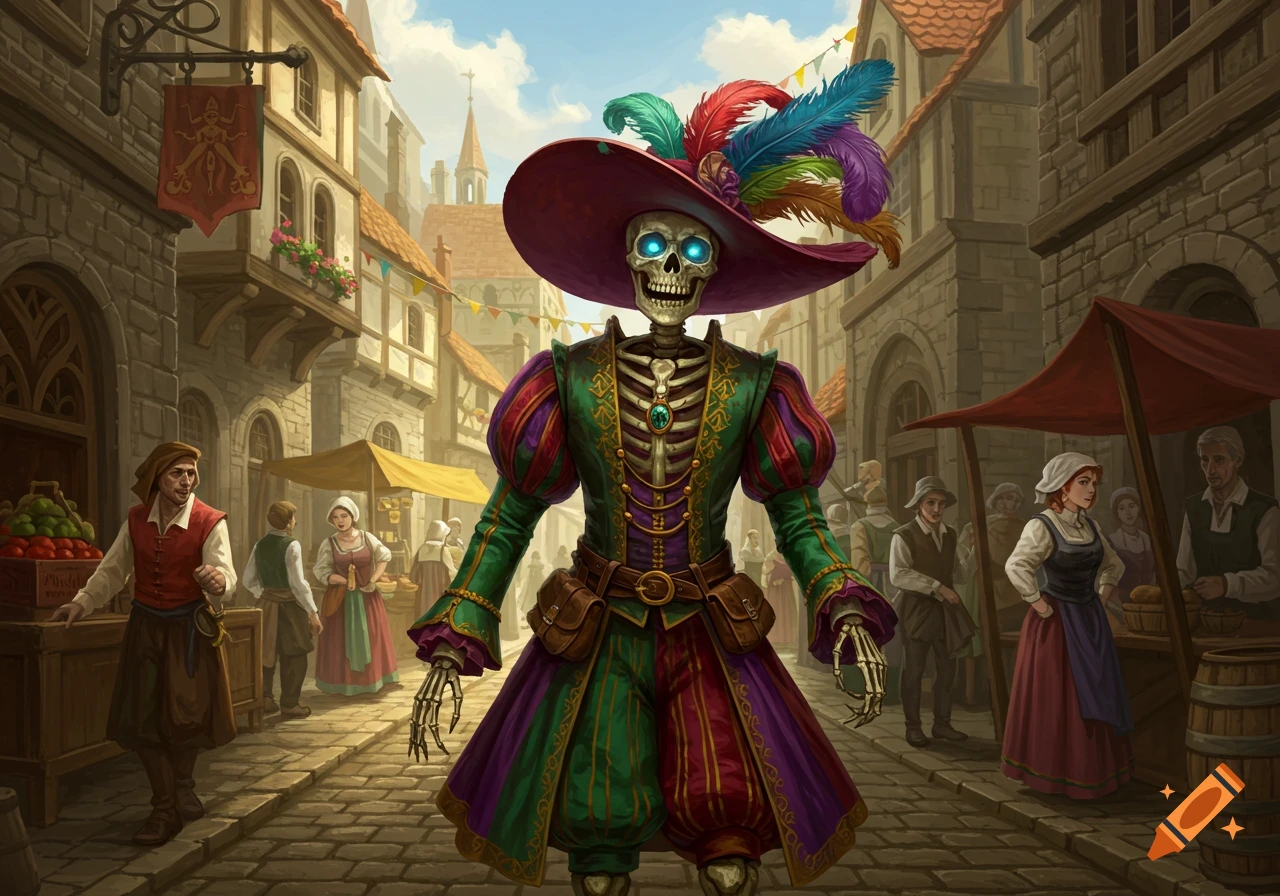 A colorful skeleton in medieval clothes and a large feathered hat walks through a bustling medieval town.
