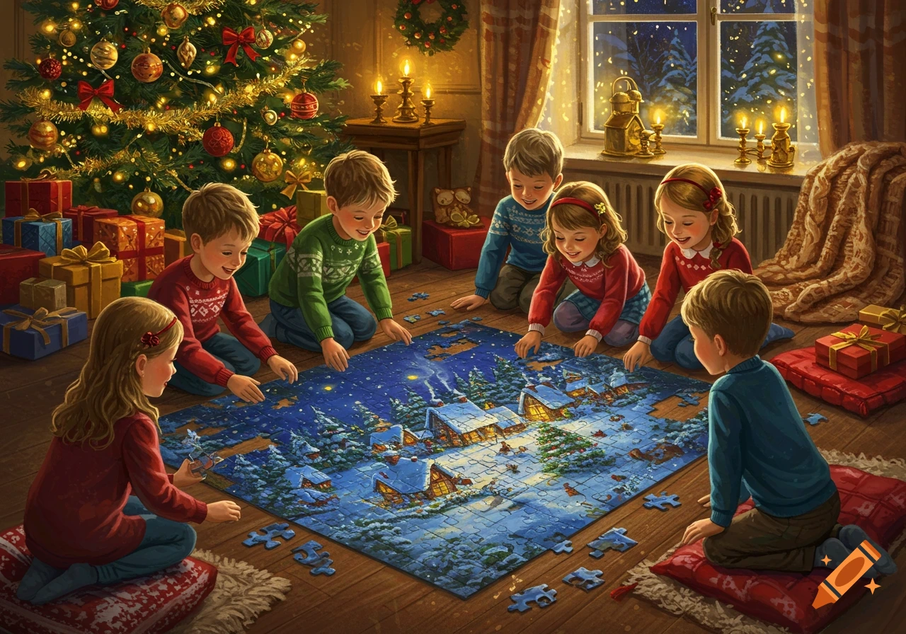 Six happy children assemble a large jigsaw puzzle depicting a snowy village, surrounded by a Christmas tree and presents in a cozy room.