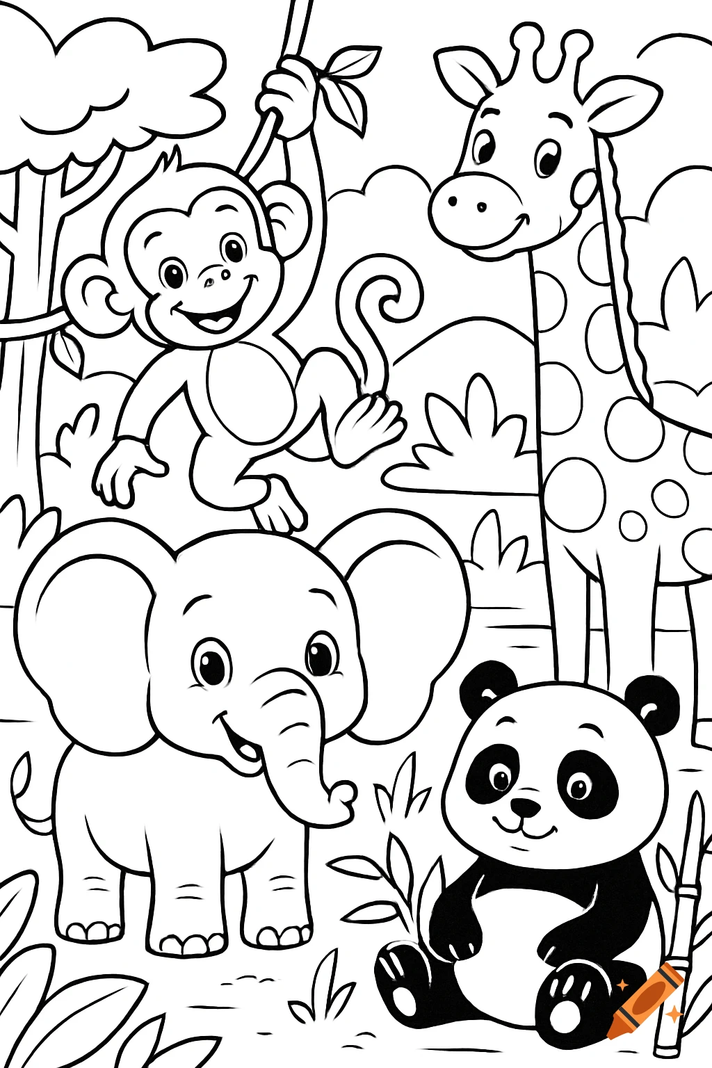A black and white cartoon coloring page featuring a monkey, giraffe, elephant, and panda in a jungle scene.