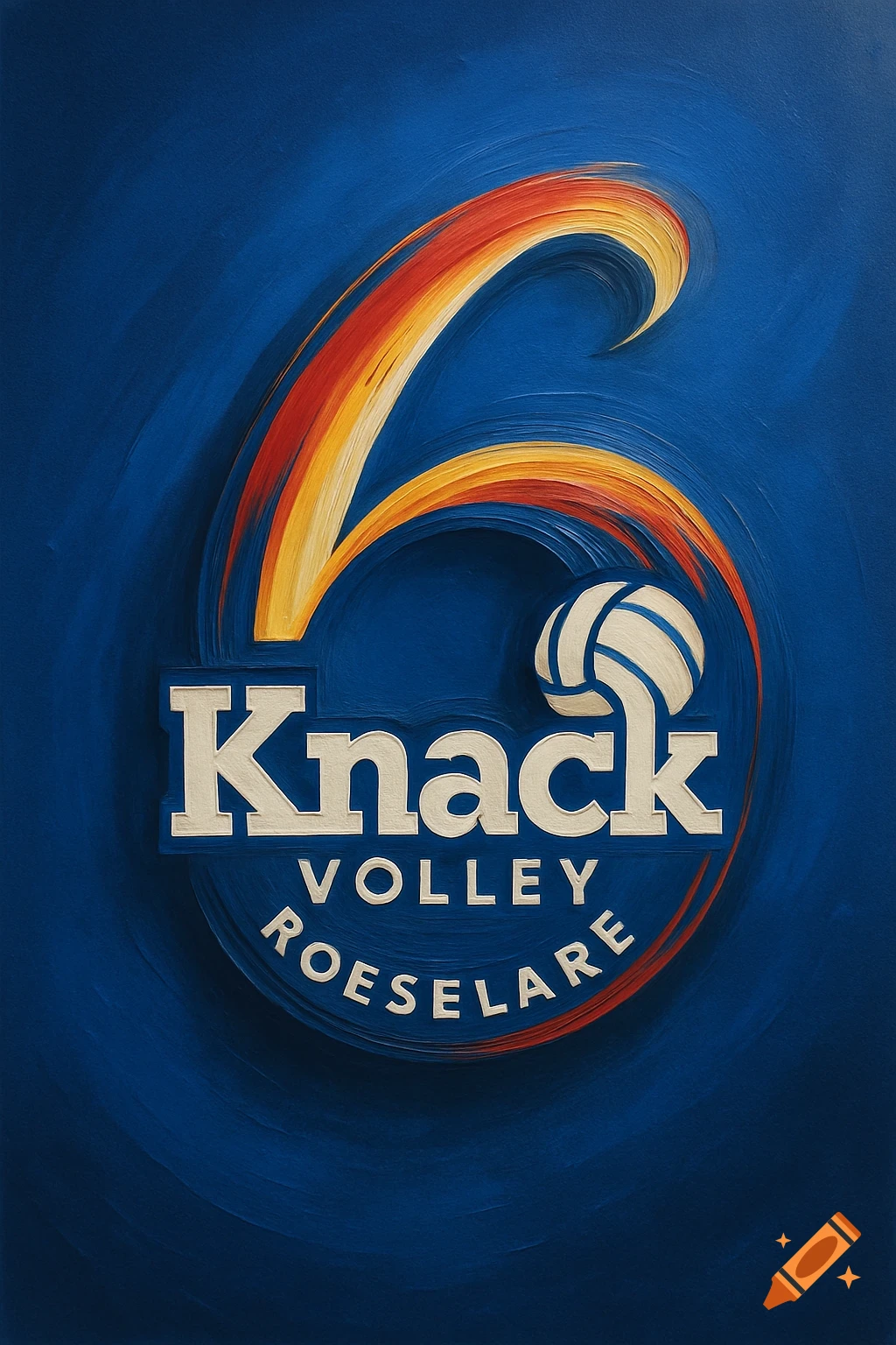 Stylized blue logo with a large number six, colorful swooshes, a volleyball, and text "Knack VOLLEY ROESELARE".