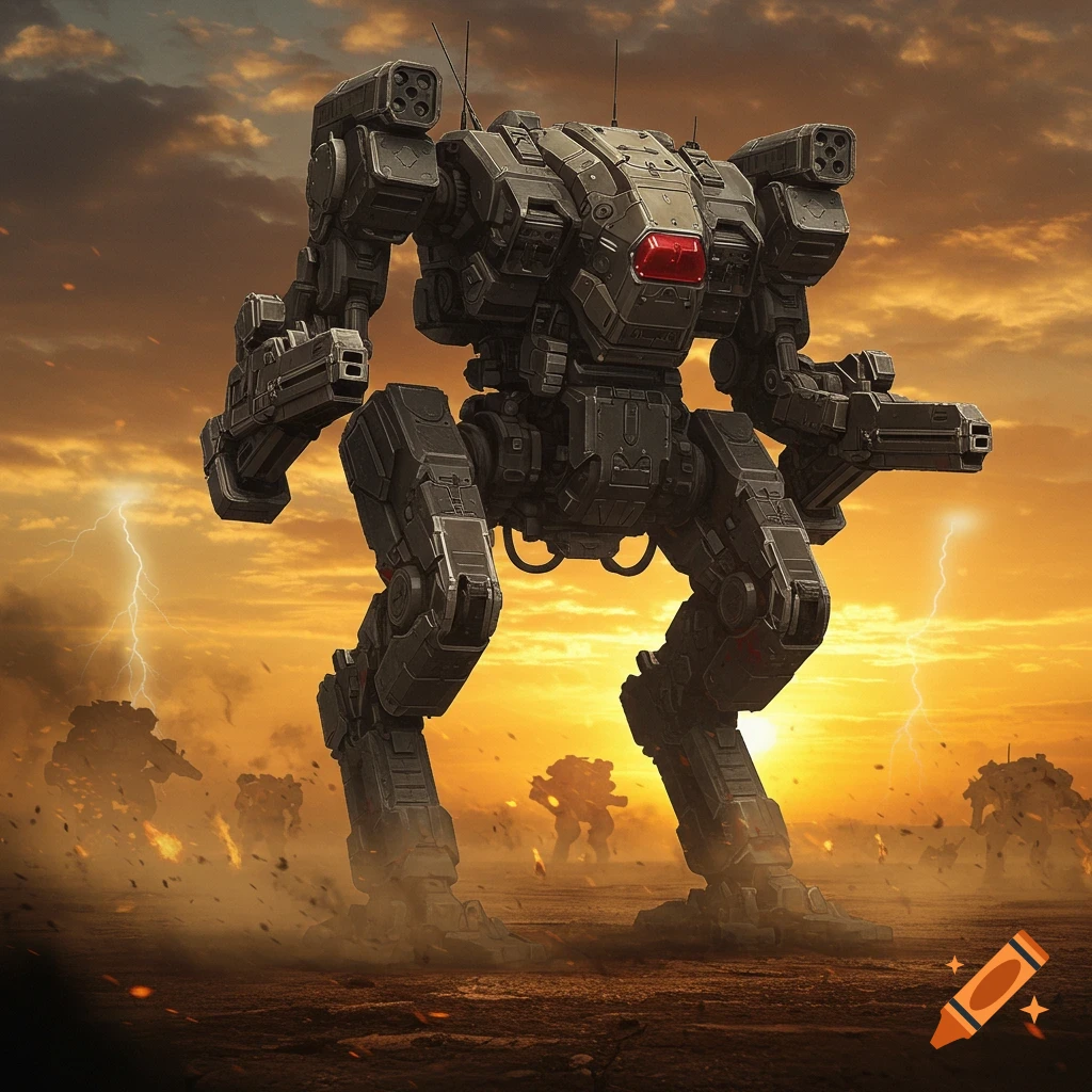 A large, dark grey military mecha with a red cockpit light stands in a dusty, orange-lit apocalyptic landscape with lightning.