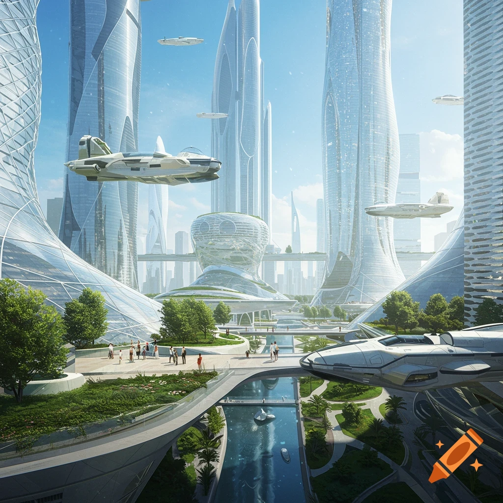 A vibrant, futuristic city skyline features towering, sleek glass skyscrapers, flying vehicles, and lush green pedestrian areas with canals.