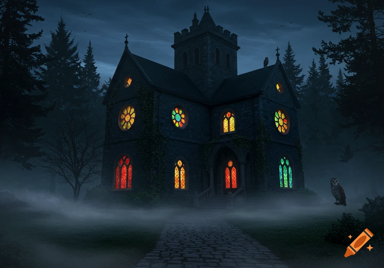 A dark gothic building with colorful stained-glass windows stands in a foggy forest at night, a cobblestone path leading to its entrance.