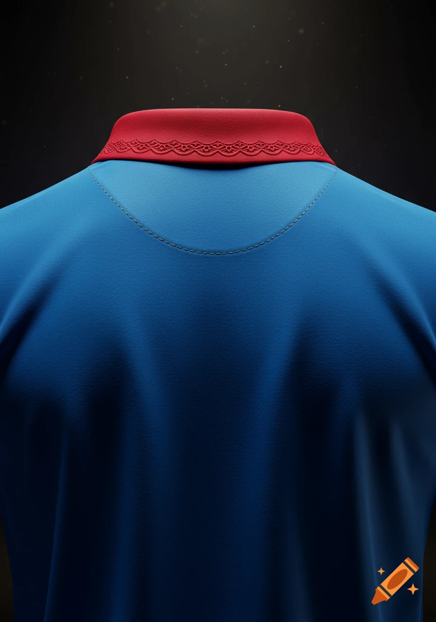 Back of a blue football shirt with a red, intricately patterned collar, viewed from behind with dramatic lighting.
