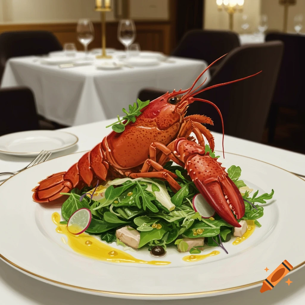 A cooked red lobster rests atop a green salad with radishes and dressing on a white plate with a gold rim in a fancy restaurant setting.