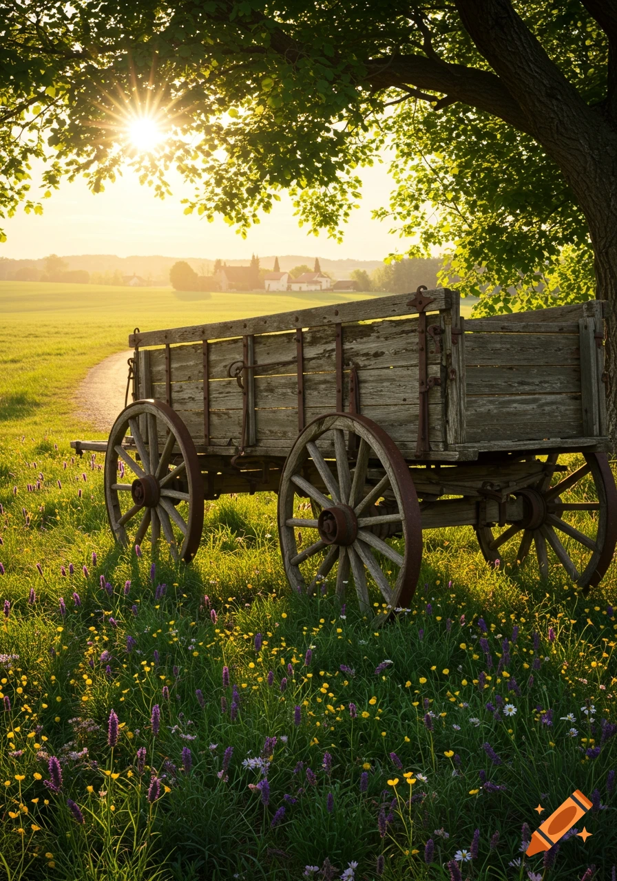 An old wooden wagon in a sunlit meadow bursting with purple and yellow wildflowers, with a path leading to distant buildings, photorealistic.