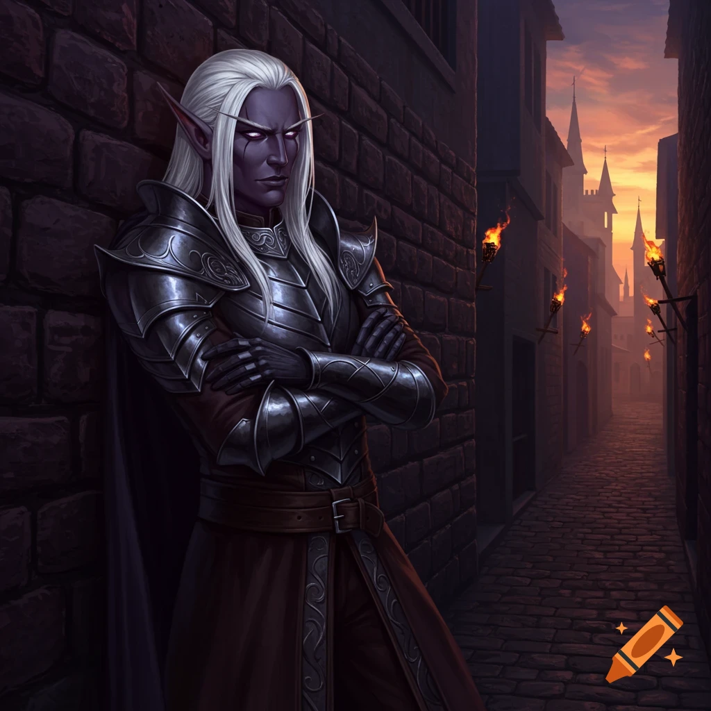 A male dark elf with long white hair and dark skin, wearing armor, leans against a brick wall in a dim alleyway at sunset.