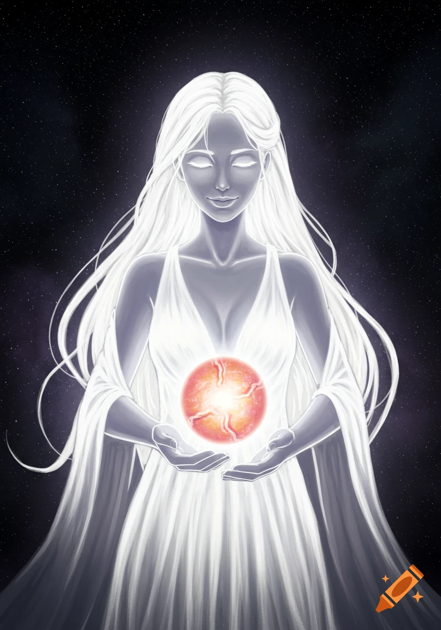 Anime-style female deity of white light holding a glowing red singularity against a starry background.