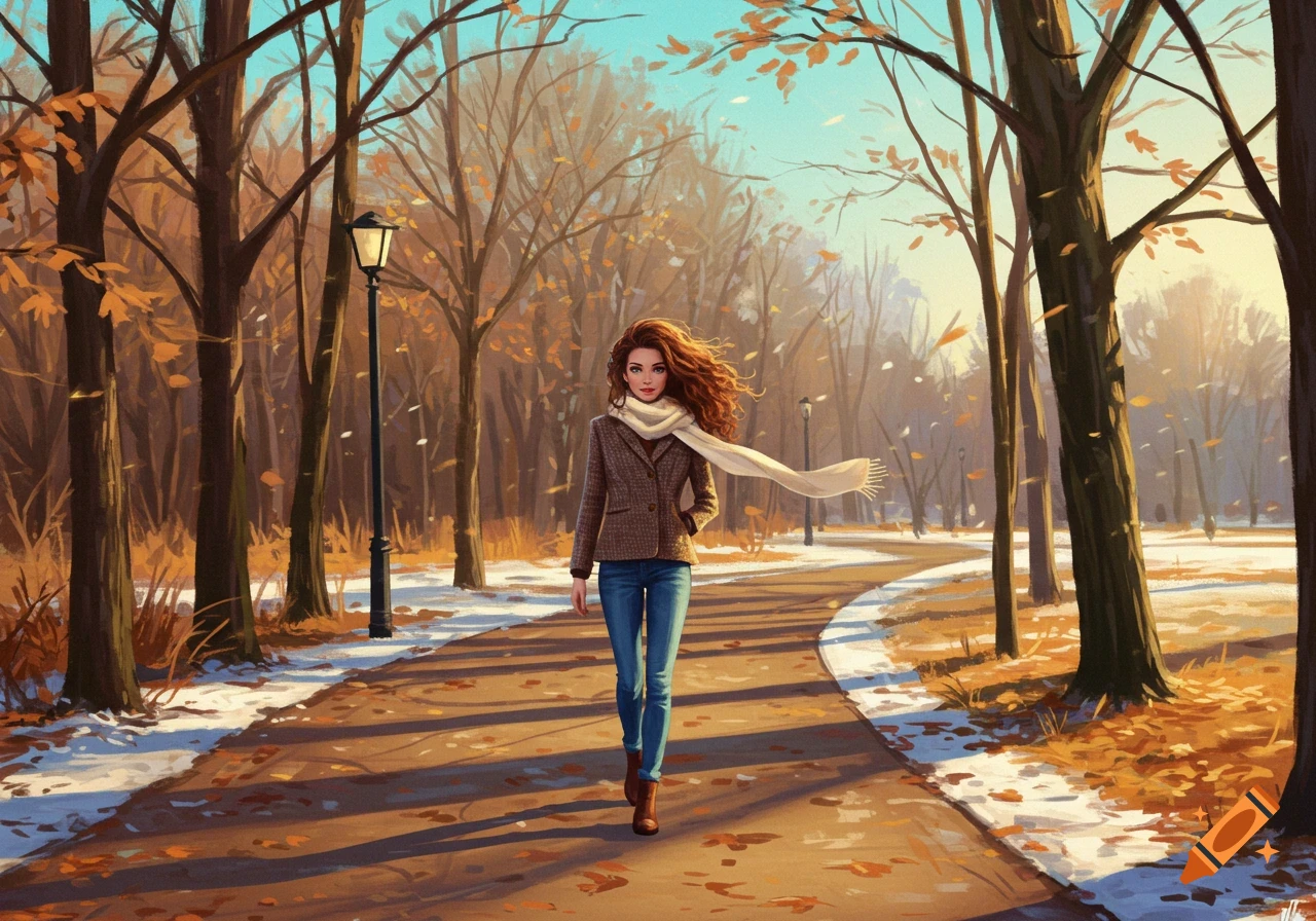An illustrated woman with curly hair, wearing a tweed jacket and jeans, walks on a park path amidst bare trees and light snow.