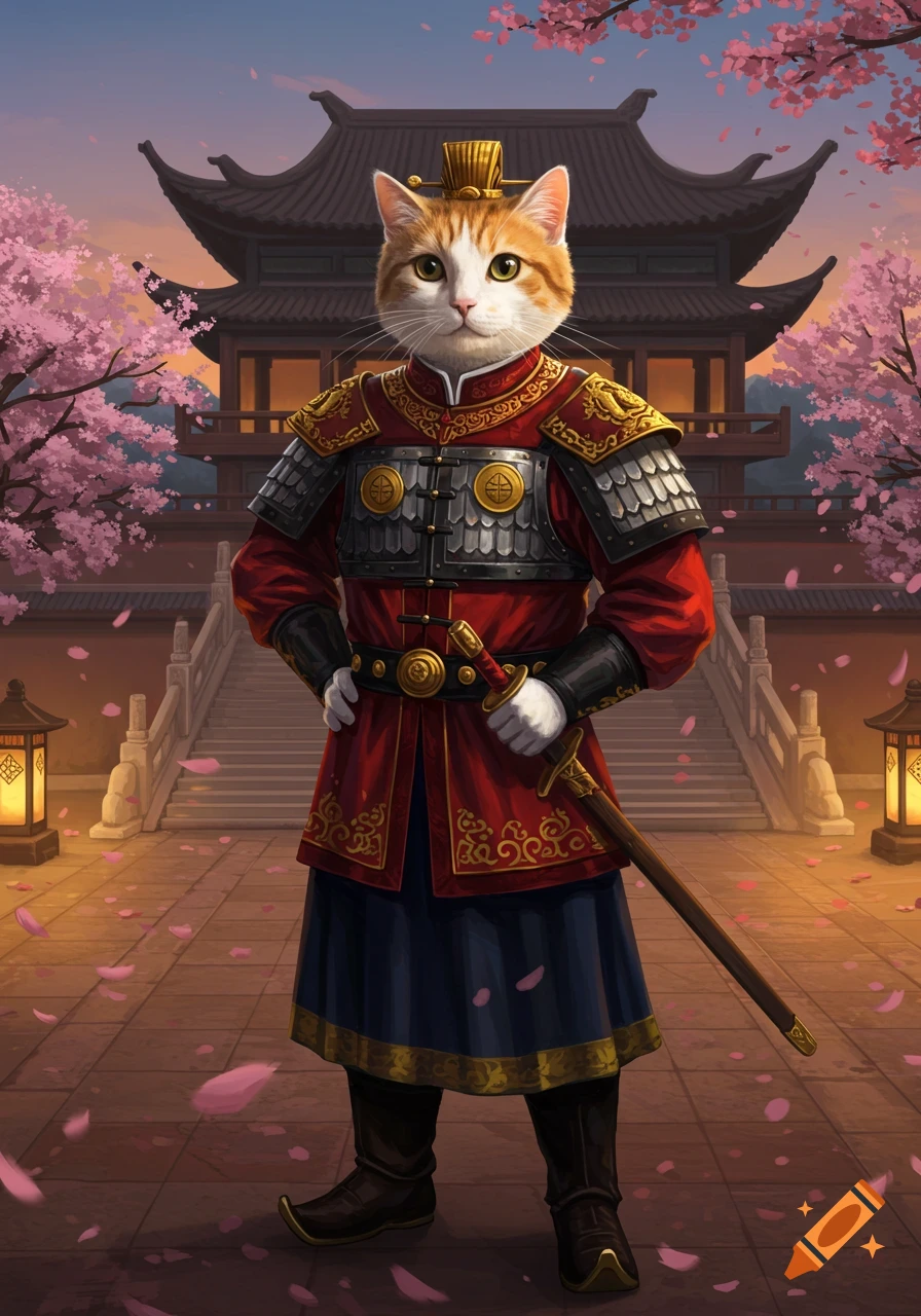 An orange and white cat in a detailed red and gold Chinese military outfit stands before a traditional building with cherry blossoms.