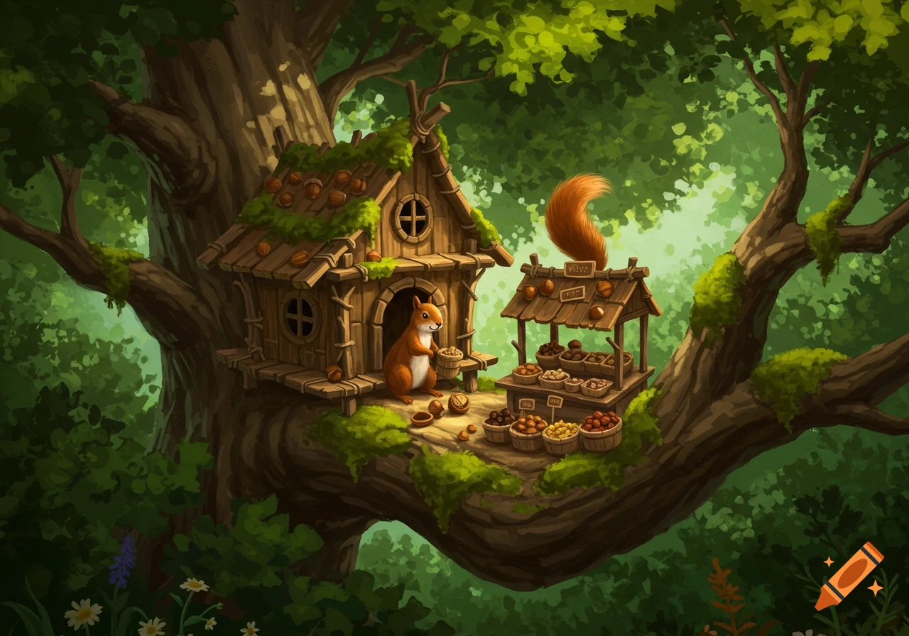 An illustration of a friendly squirrel at a wooden nut stand next to a treehouse, surrounded by a lush green forest.