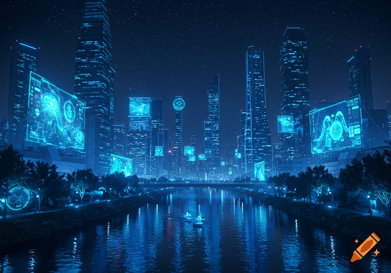 A futuristic cityscape at night, illuminated by blue lights, with tall buildings displaying glowing screens overlooking a river with small boats.