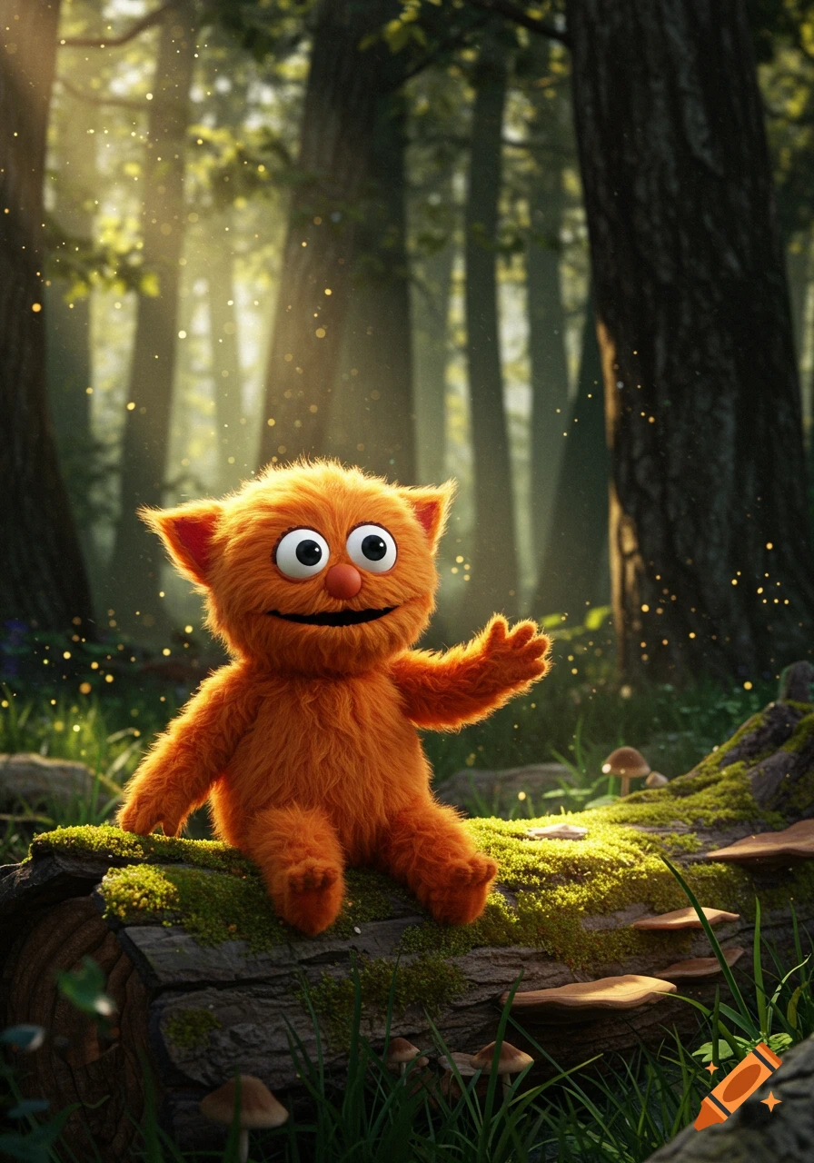An adorable, fluffy orange puppet-like creature sits on a mossy log in a sun-dappled forest, waving hello.