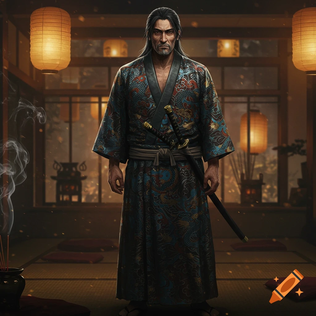 A stern man in a patterned kimono with a katana stands in a traditional Japanese room filled with lanterns and incense smoke.