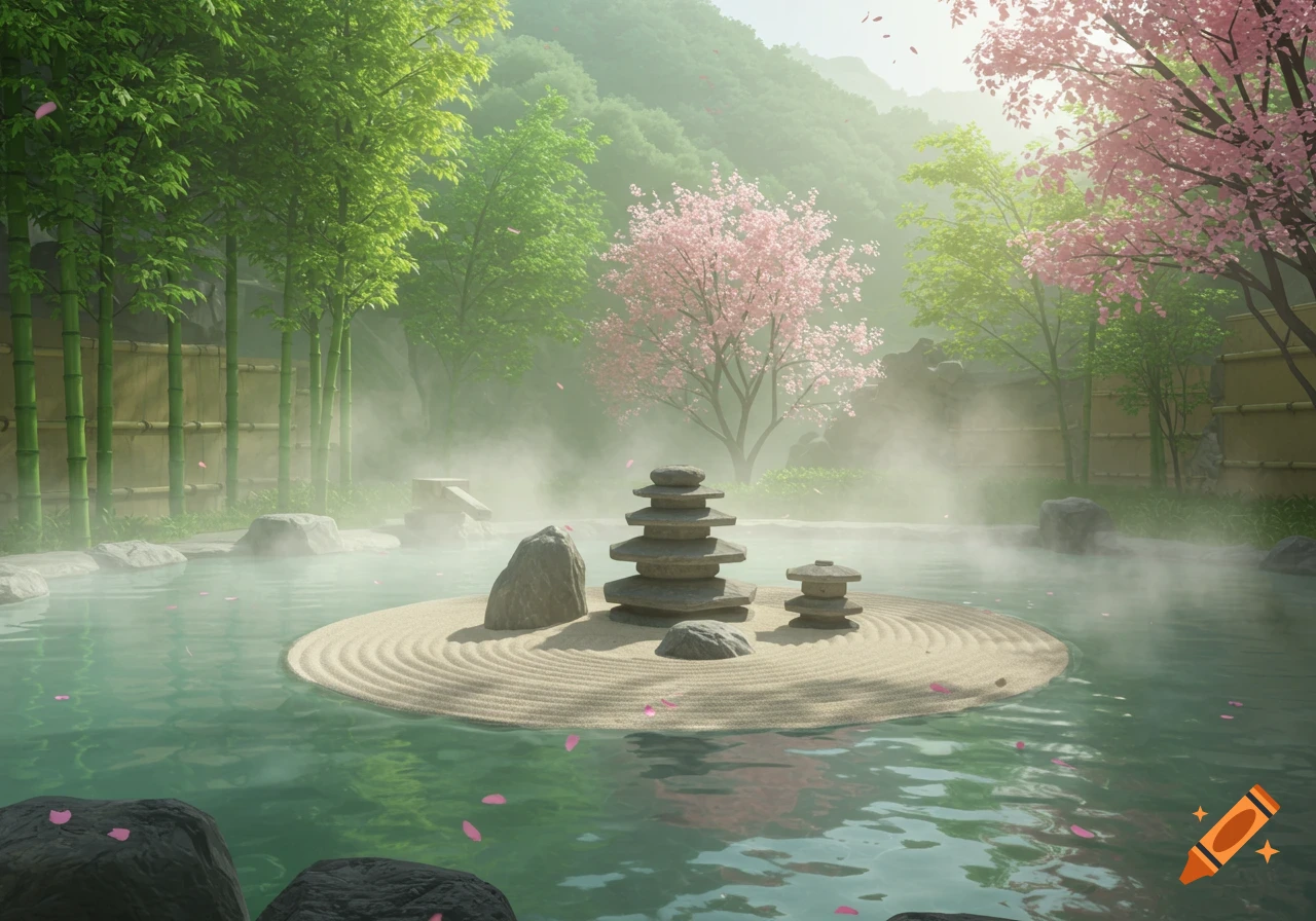 A serene Japanese onsen with a central island featuring a zen rock garden, surrounded by mist, bamboo, and cherry blossoms.