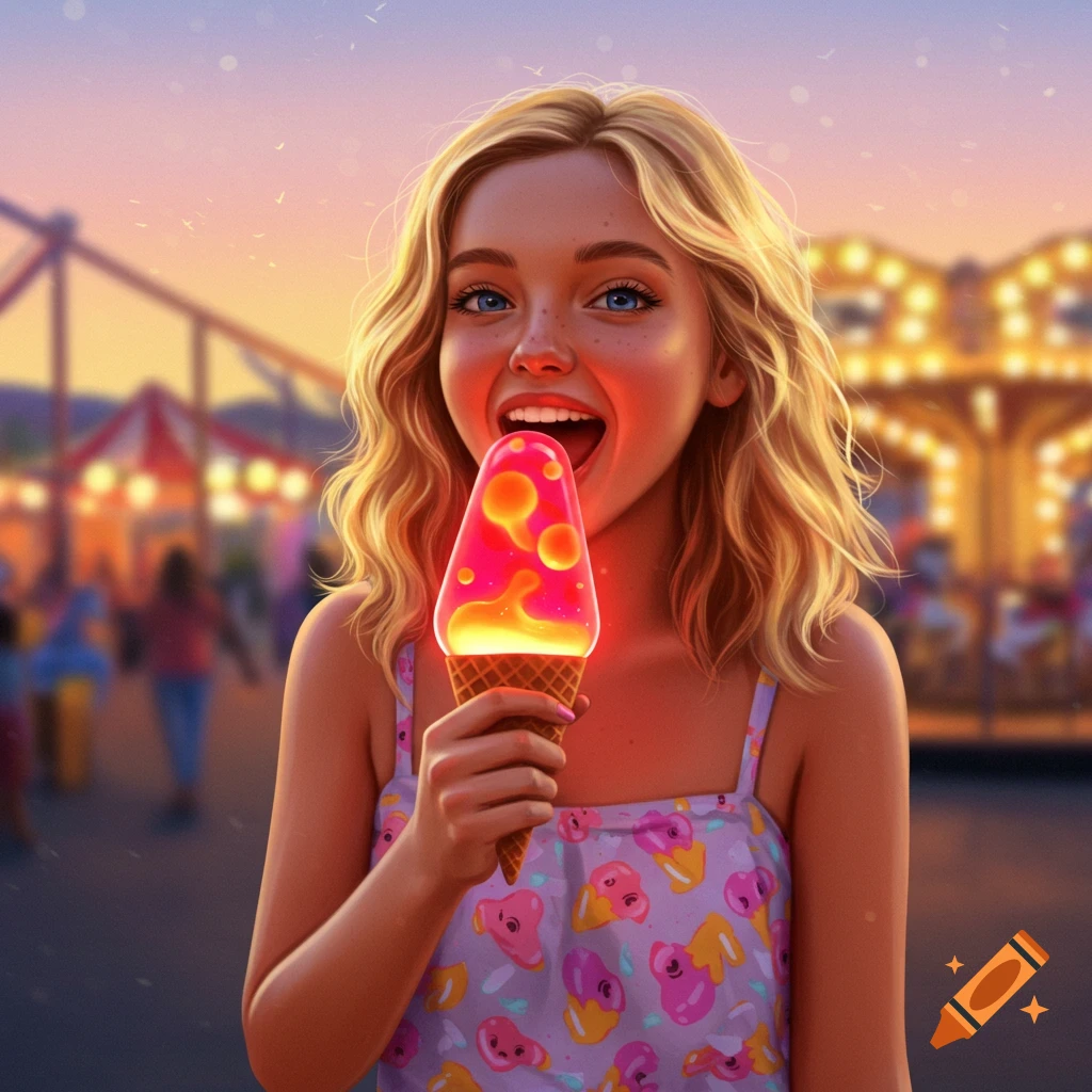 A blonde girl with blue eyes smiles, holding a glowing lava lamp-like ice cream cone at a vibrant carnival during sunset, illustration style.