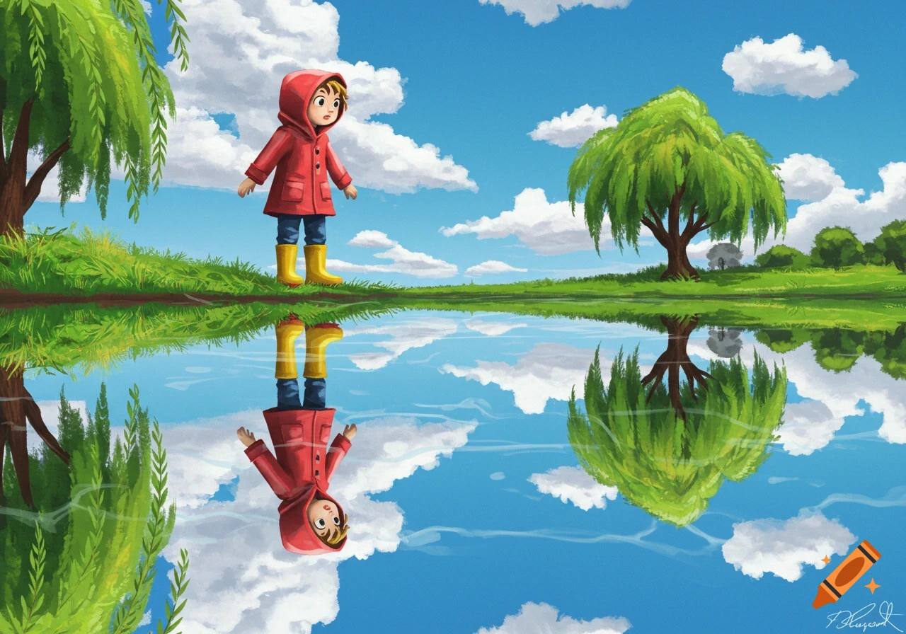 Cartoon child in red raincoat and yellow boots gazes at their upside-down reflection in a calm lake with trees and blue sky.