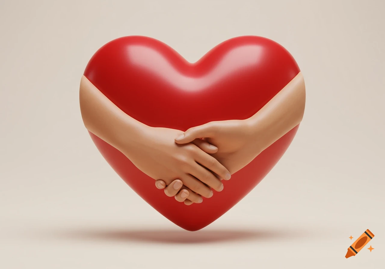 A glossy red heart is embraced by two light-skinned hands with interlocked fingers against a plain background.