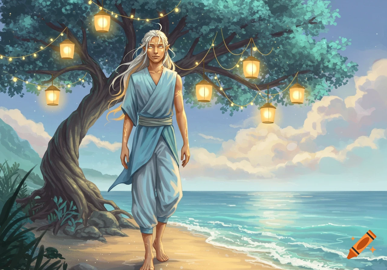 An ethereal figure with long white hair in blue robes walks barefoot on a beach with a lantern tree, in a painterly fantasy illustration style.