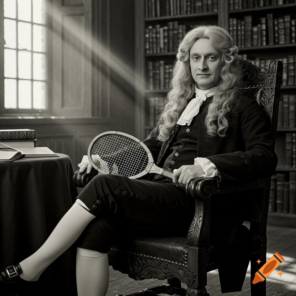 A man resembling Isaac Newton with long curly hair and 18th-century attire sits in a library holding a tennis racket, black and white.