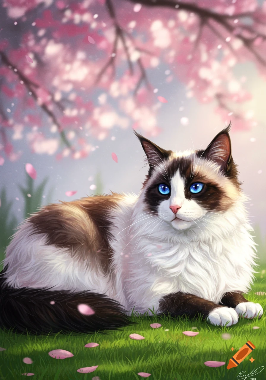 A fluffy white and brown cat with striking blue eyes lies in green grass under falling pink cherry blossoms, digital art.