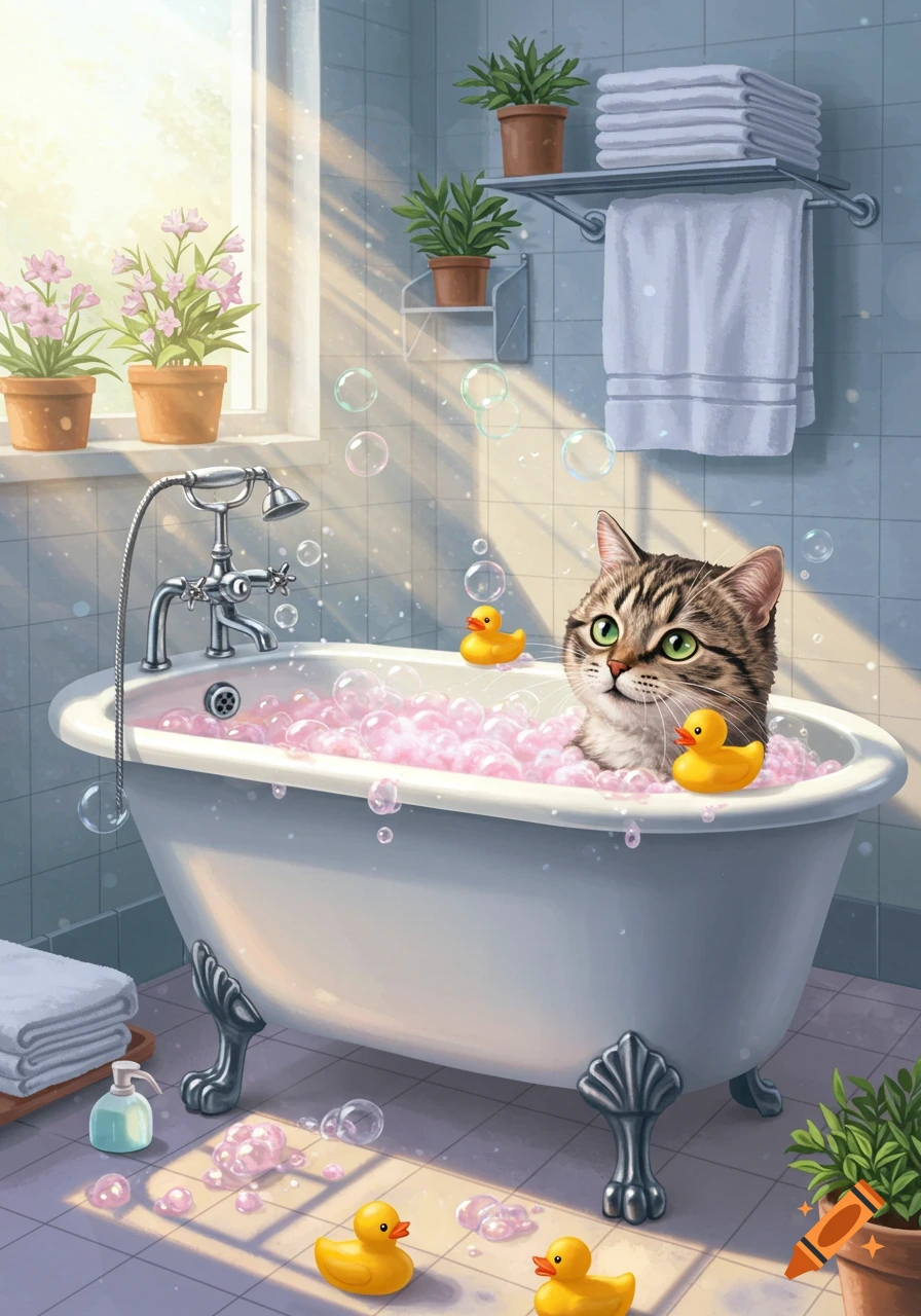 A cute tabby cat takes a bubble bath with pink bubbles and yellow rubber duckies in a bright, sunlit bathroom.