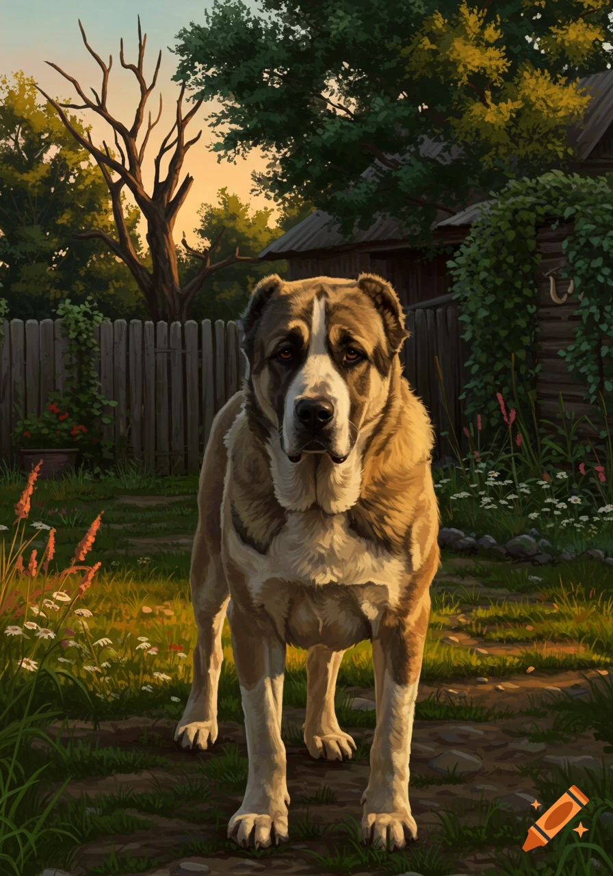 A majestic brown and white Central Asian Shepherd dog stands in a sunlit grassy yard, with a wooden fence and trees behind it, in an illustrative style.