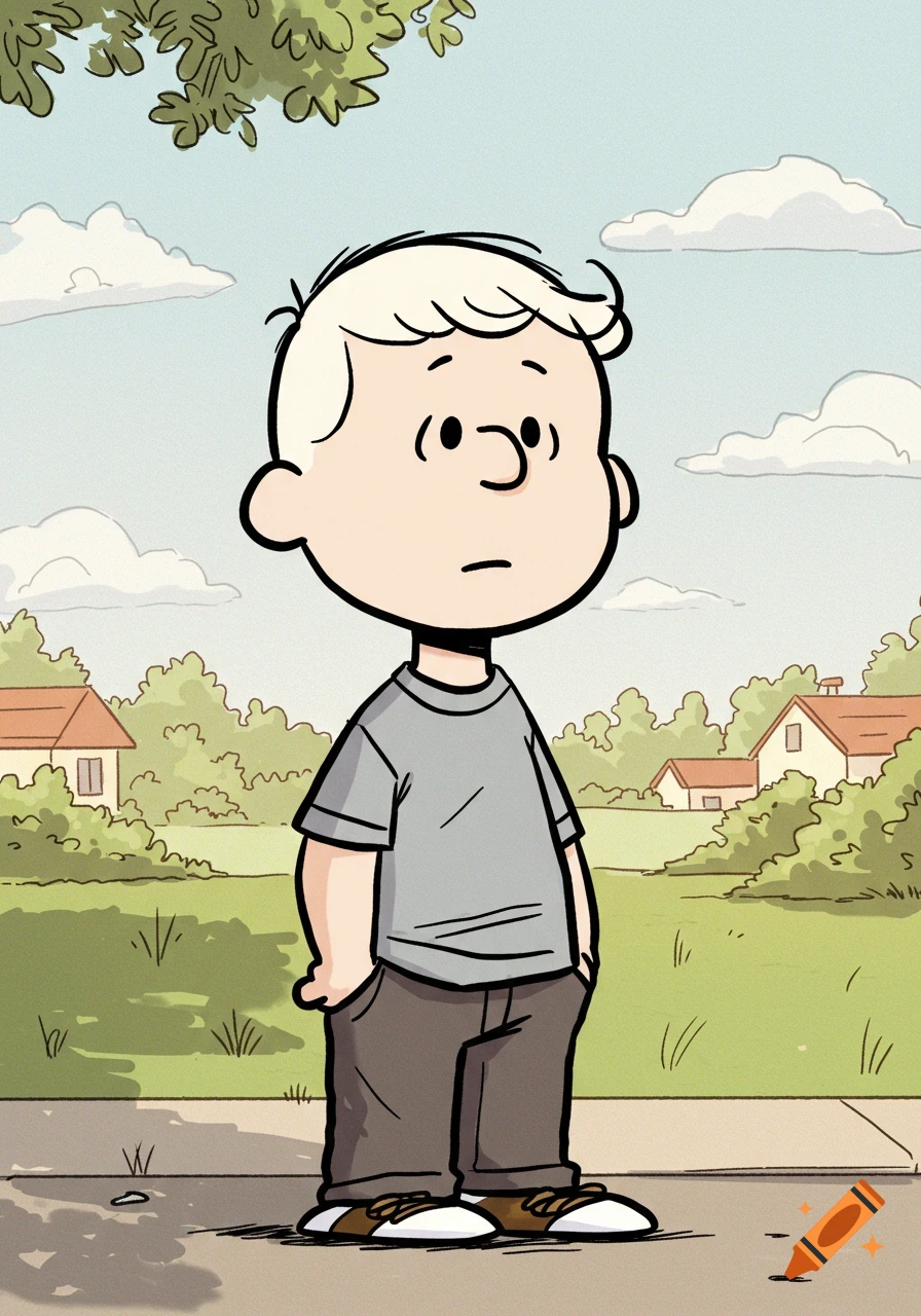 A cartoon boy with blonde hair, a grey shirt, and brown pants stands on a sidewalk in a suburban Peanuts-style setting.
