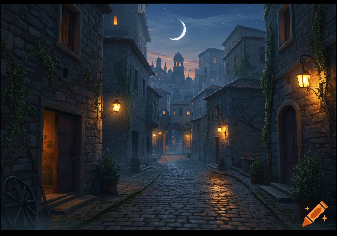 Moonlit cobblestone street in a mysterious medieval city at night, lined with stone buildings and glowing lanterns.
