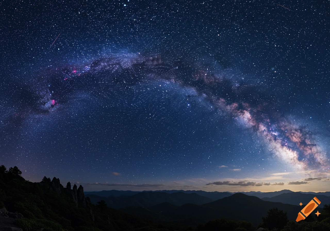Photorealistic starry night sky with the Milky Way arching over dark mountain silhouettes and rock formations.