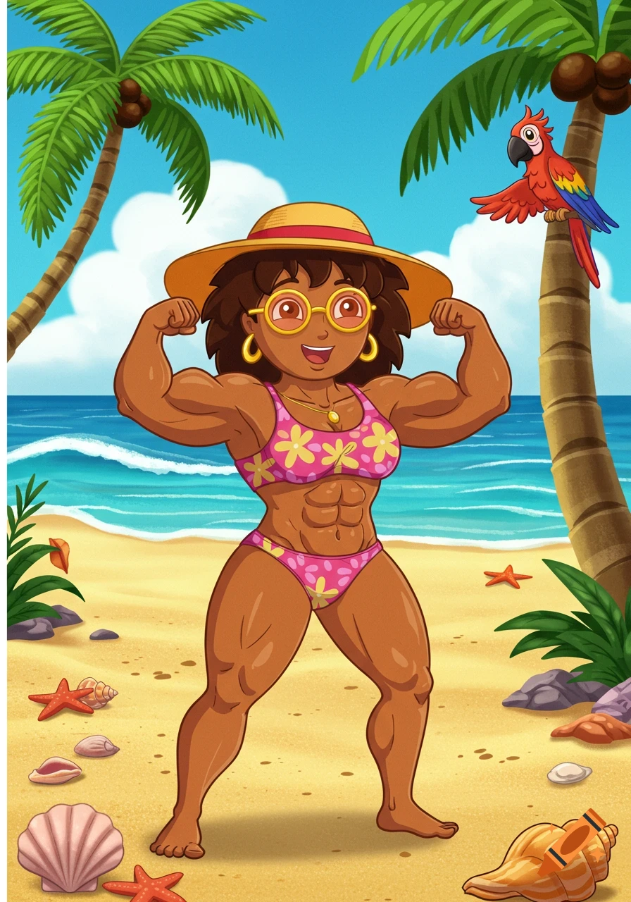 A muscular cartoon woman in a bikini flexes her biceps on a tropical beach with palm trees and a parrot.